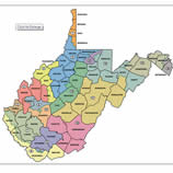Images of West Virginia with county outlines color coded by legislative district